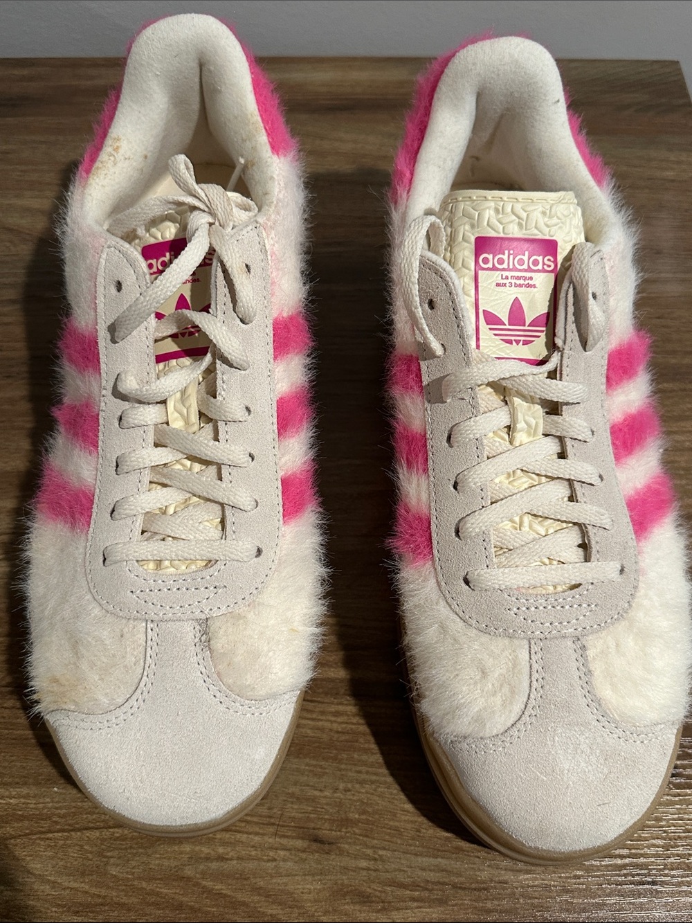 adidas Women’s Cream Sneakers with Pink Stripes - Furry Gazelle Style